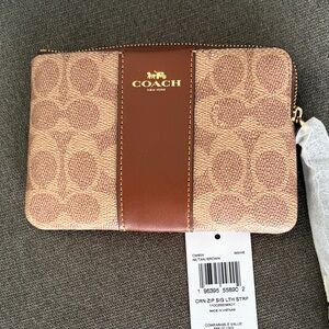 Coach Brown and Tan Signature Leather Zip Pouch NWT